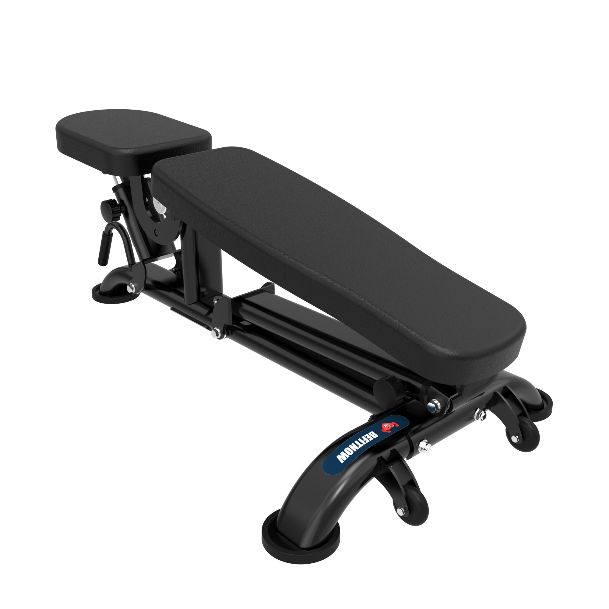 The TS212 Commercial Full Adjustable Bench by BefitNow Canada is a black modular incline bench with a padded seat and backrest. It features adjustable components, sturdy metal legs, and a custom premium foam pad for comfort—ideal for various exercises against a plain white background.