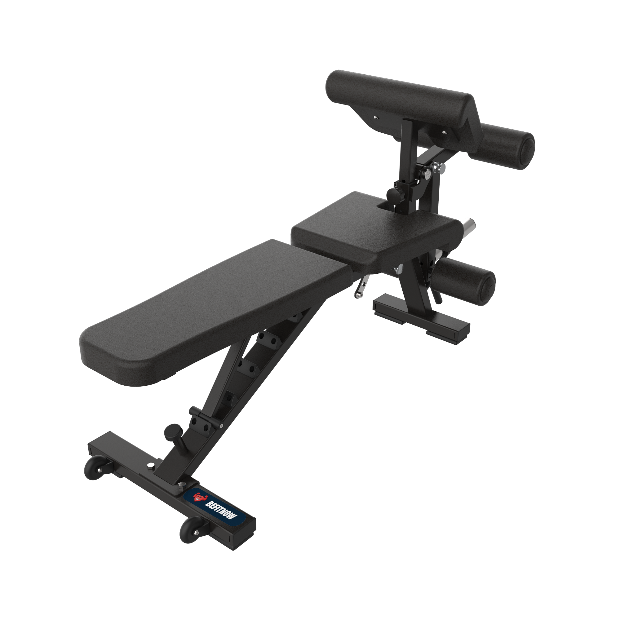 The BefitNow Canada Multi Function Leg Extension Bench is a durable workout bench with padded support and an adjustable black metal frame, perfect for intense sessions. It features wheels for easy movement, a branded logo on the base, and a partially inclined position to optimize your workout.