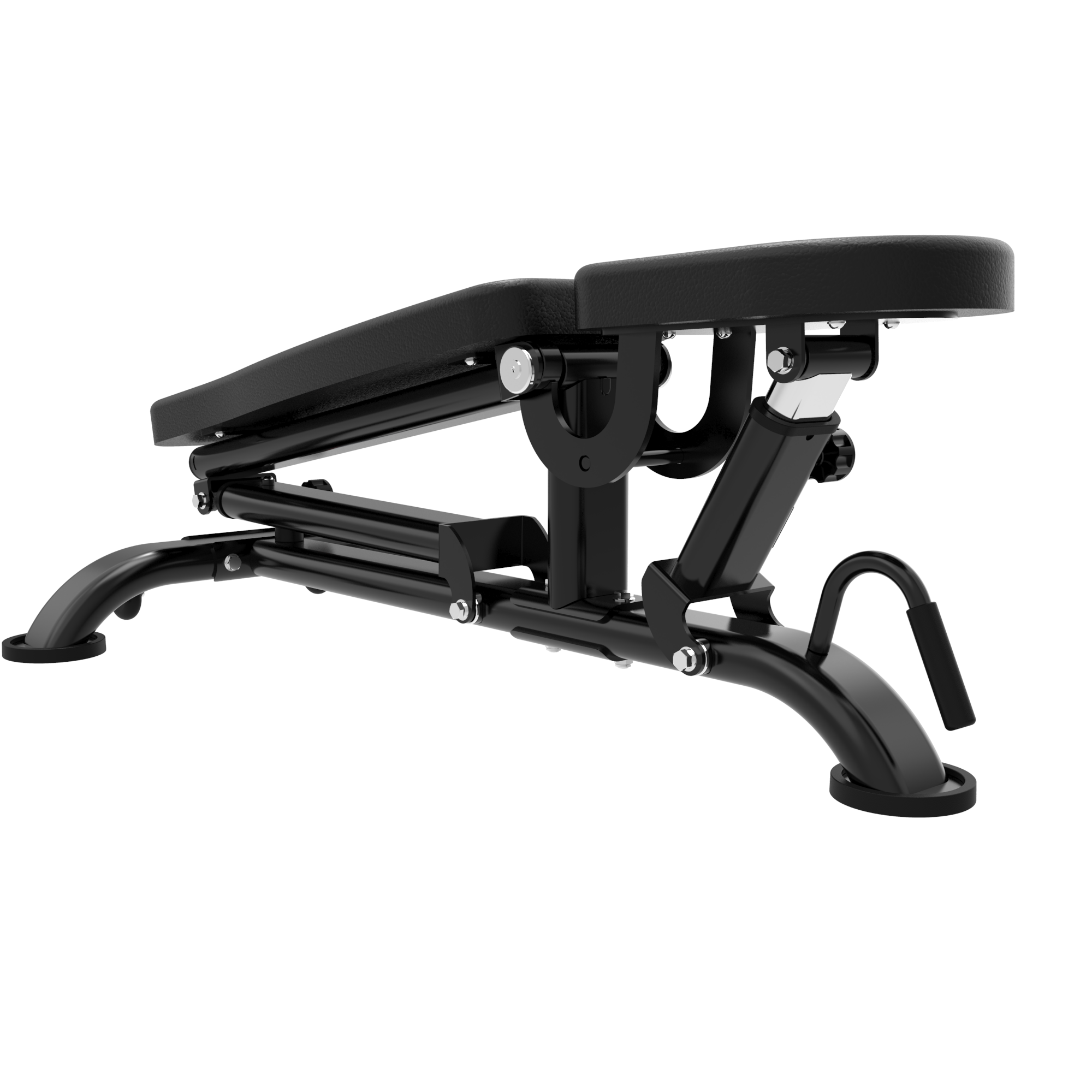 The TS212 Commercial Full Adjustable Bench by BefitNow Canada is black, features a custom premium foam pad on the seat and backrest, supports adjustments to incline or decline positions, and has a sturdy metal frame with a curved base for added stability.