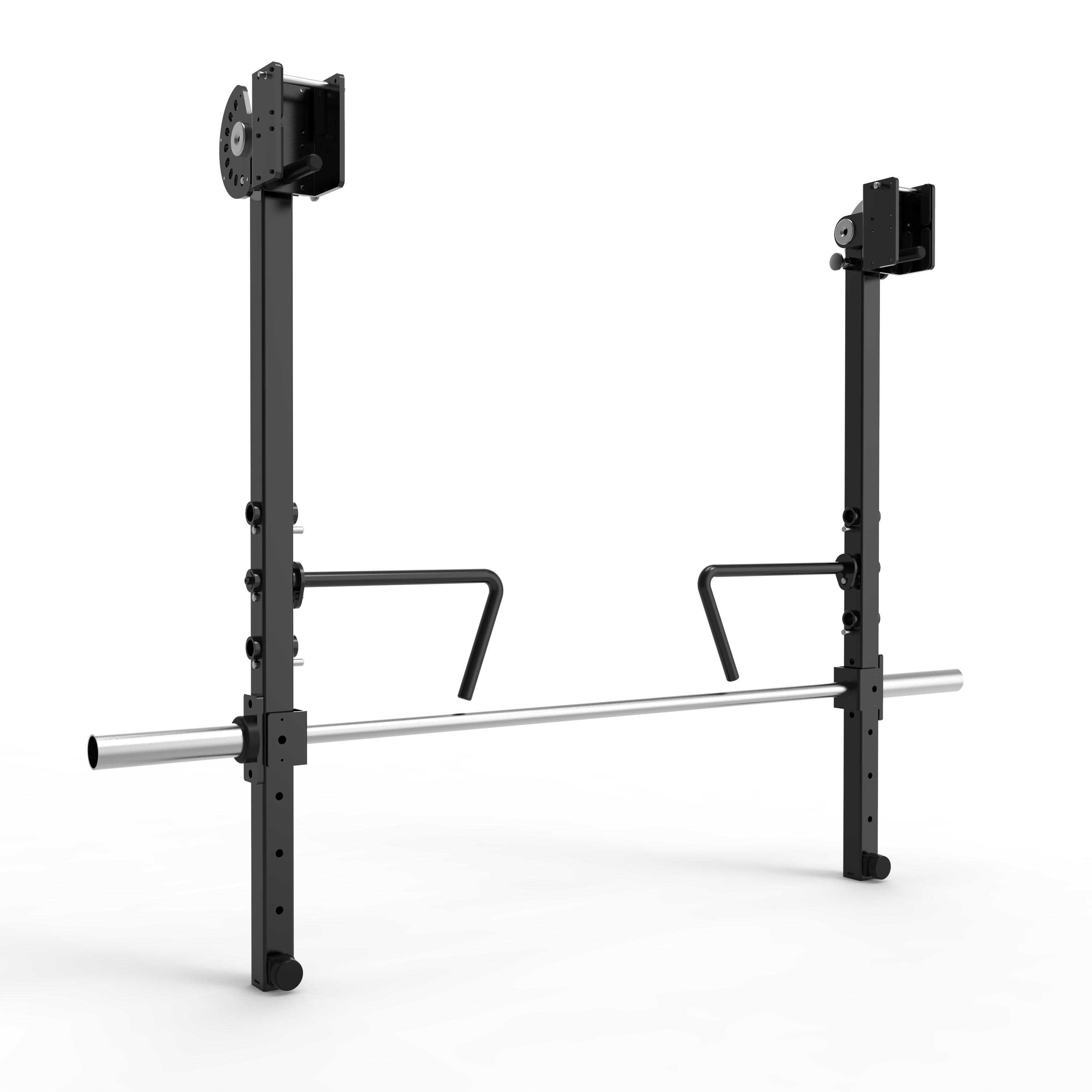 The Kahuna Jammer Arms by BefitNow Canada is a black adjustable squat rack with versatile exercise capabilities, featuring a silver barbell, dual safety spotter arms on each side, and a freestanding design with multiple adjustment holes for height customization to accommodate explosive movements.