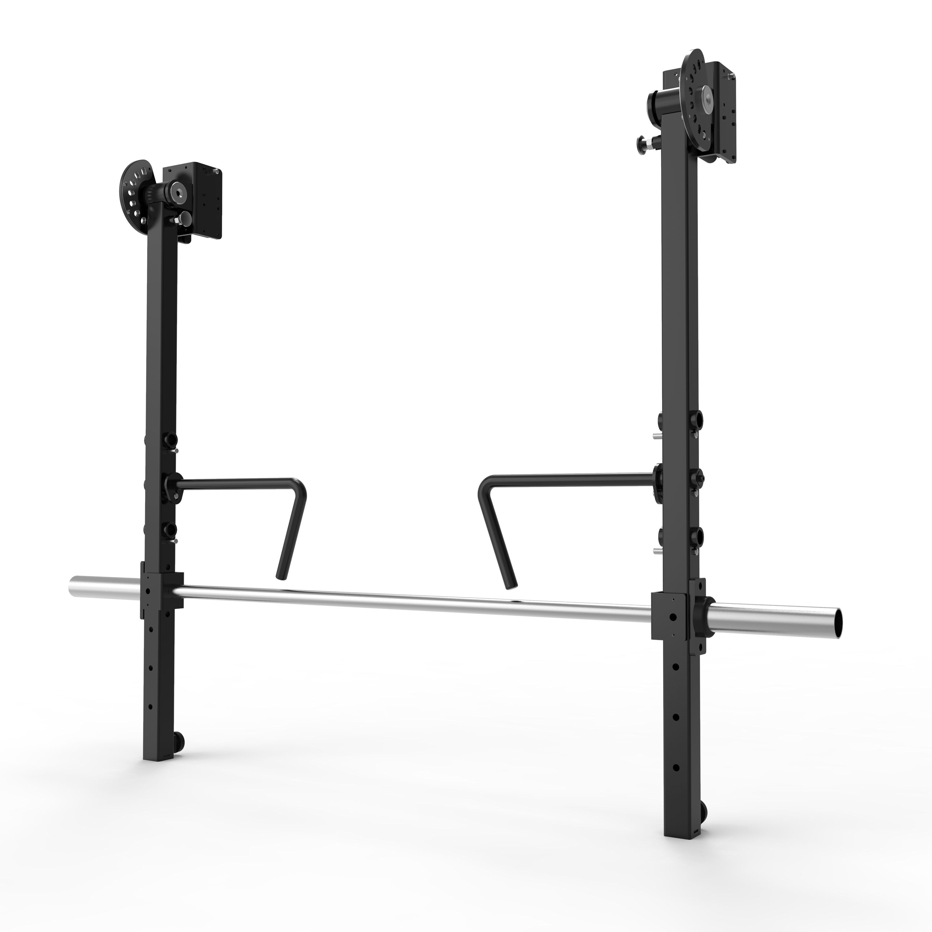 Image of the BefitNow Canada Kahuna Jammer Arms gym setup, featuring two vertical black stands with adjustable hooks and a horizontal silver barbell. The stands offer numbered adjustments, side handles, and are perfect for versatile exercises.