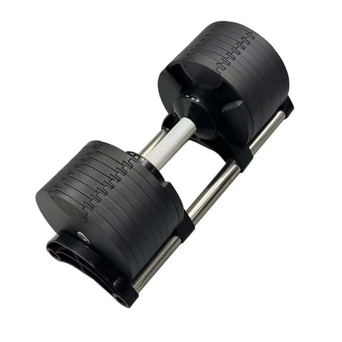 The BefitNow Canada Adjustable Dumbbells 90lbs Set is sleek and space-saving, featuring black weight plates, a metallic handle, and a convenient side selection dial. Ideal for your home gym setup, its shown against a crisp white background.