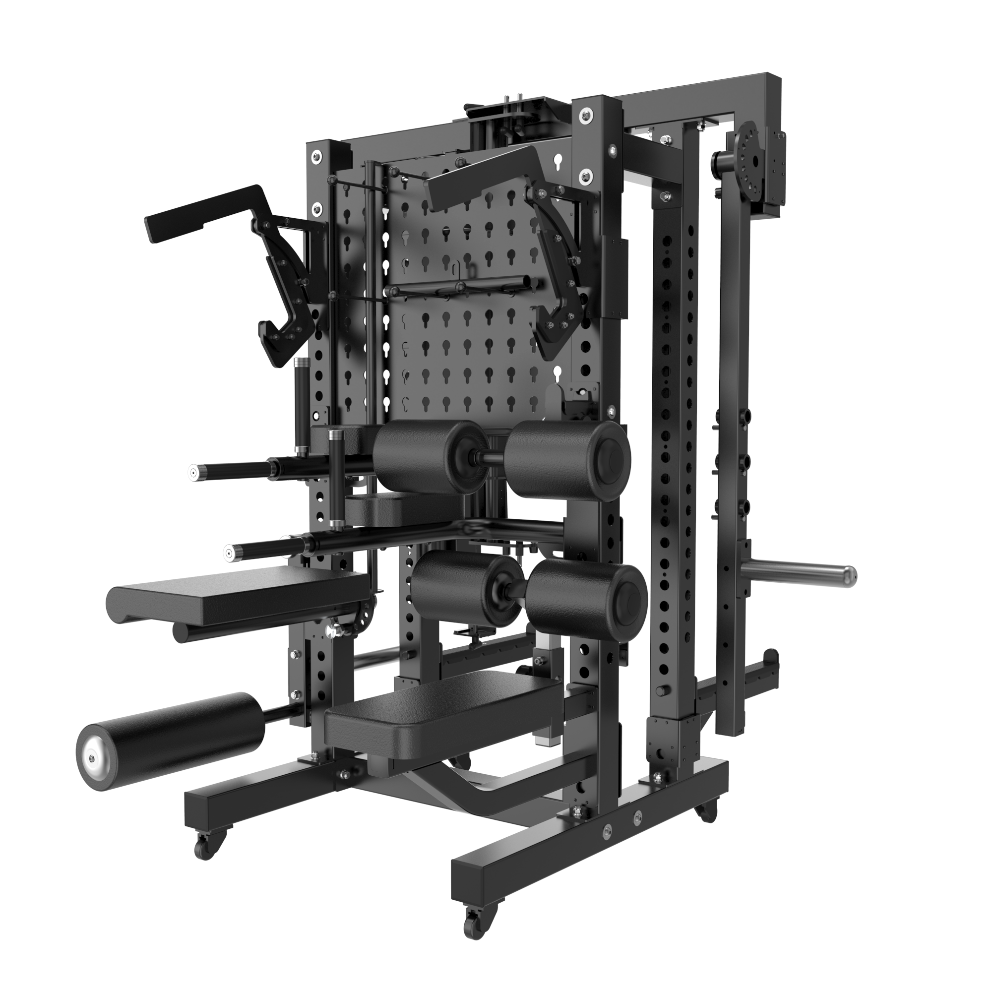 The Kahuna Storage Rack by BefitNow Canada is a versatile gym machine with black padding, multiple handles, adjustable sections, and weight plate racks on a sturdy metal frame to keep your gym organized.