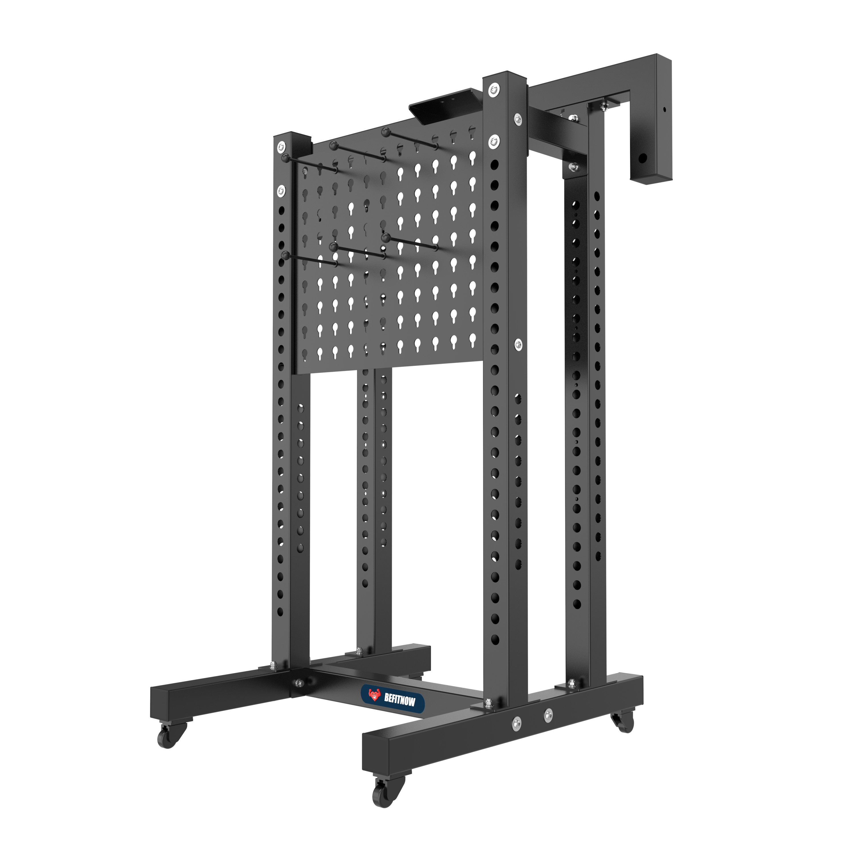 The BefitNow Canada Kahuna Storage Rack is a black, heavy-duty metal unit designed for gym organization. It has multiple shelves and hook slots for fitness accessories, wheels for easy mobility, and sleek branding on the base.