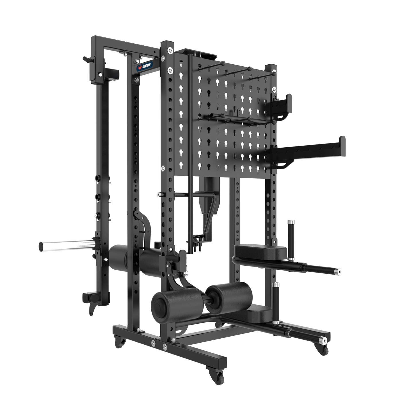 The BefitNow Canada All in One Storage Rack is a multifunctional commercial-grade unit with a pull-up bar, weight plate holders, and padded leg supports—ideal for gym organization plus strength and resistance training.