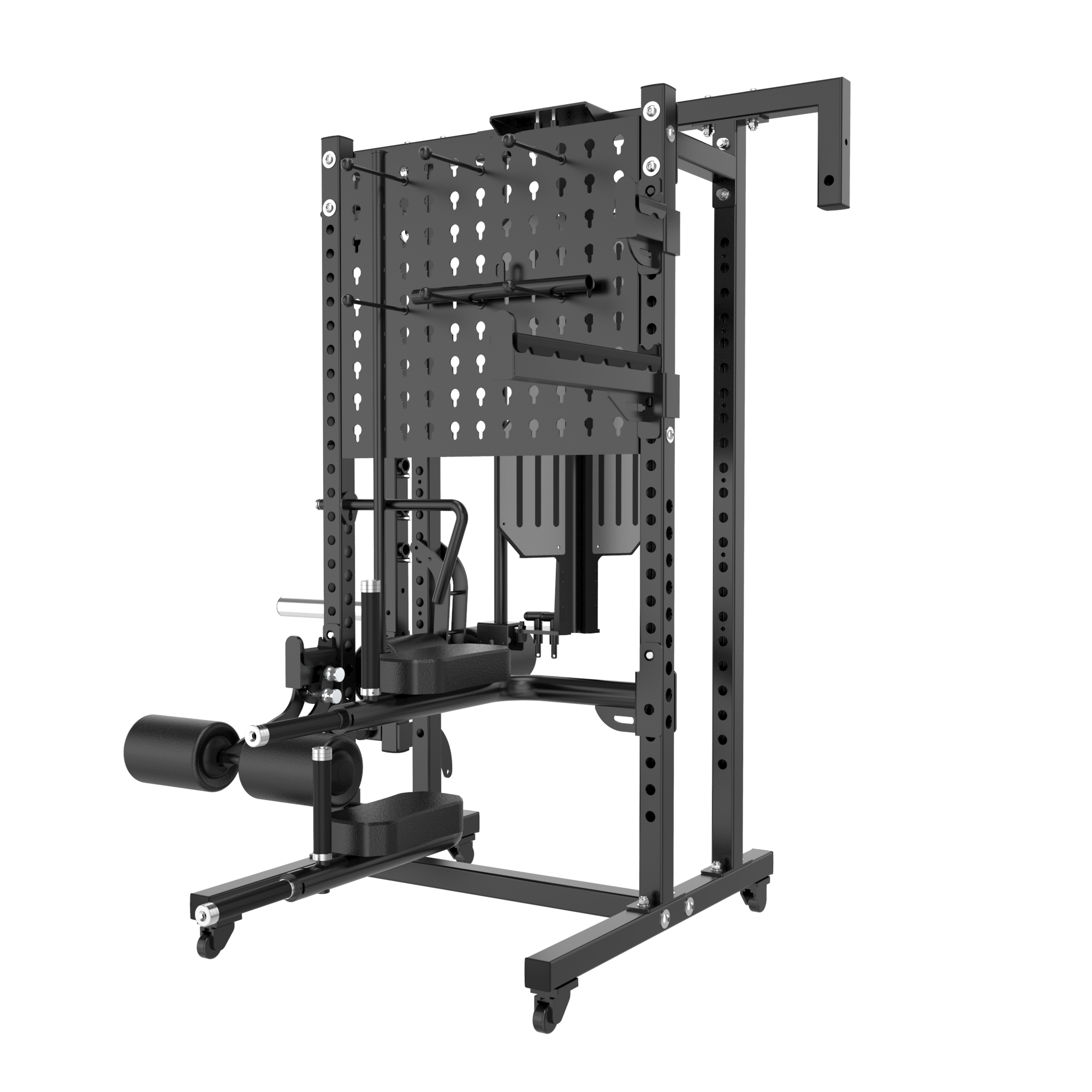 The All in One Storage Rack by BefitNow Canada is a black commercial-grade power rack designed for strength training, featuring a vertical weight stack, handles, pulleys, support bars, and a built-in gym organizer for efficient storage.