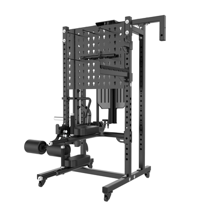 The All in One Storage Rack by BefitNow Canada is a black commercial-grade power rack designed for strength training, featuring a vertical weight stack, handles, pulleys, support bars, and a built-in gym organizer for efficient storage.