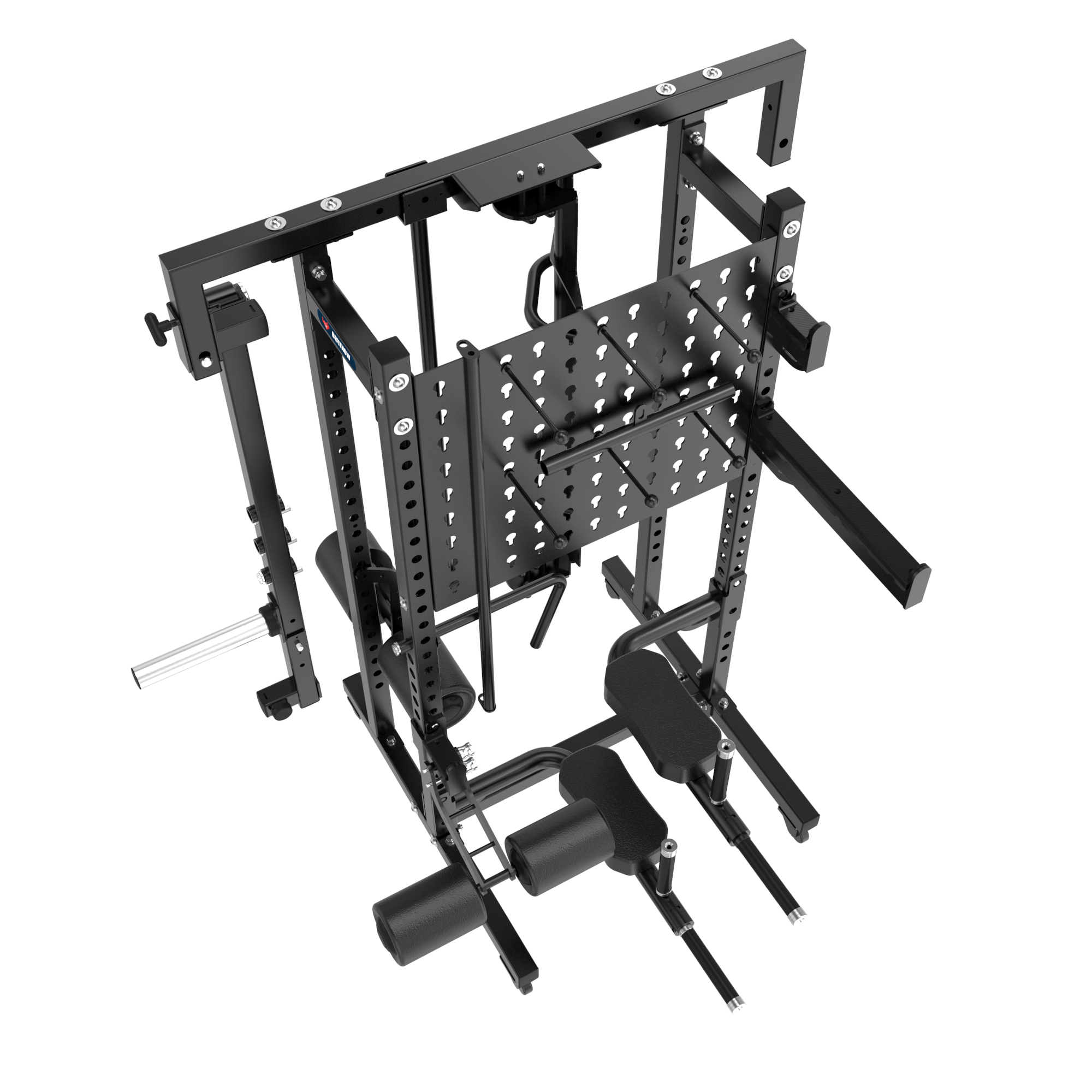 The All in One Storage Rack by BefitNow Canada is a black home gym machine with adjustable bars, padded rollers, built-in organizer, and multiple attachments for strength training, shown from an elevated angle on a white background.
