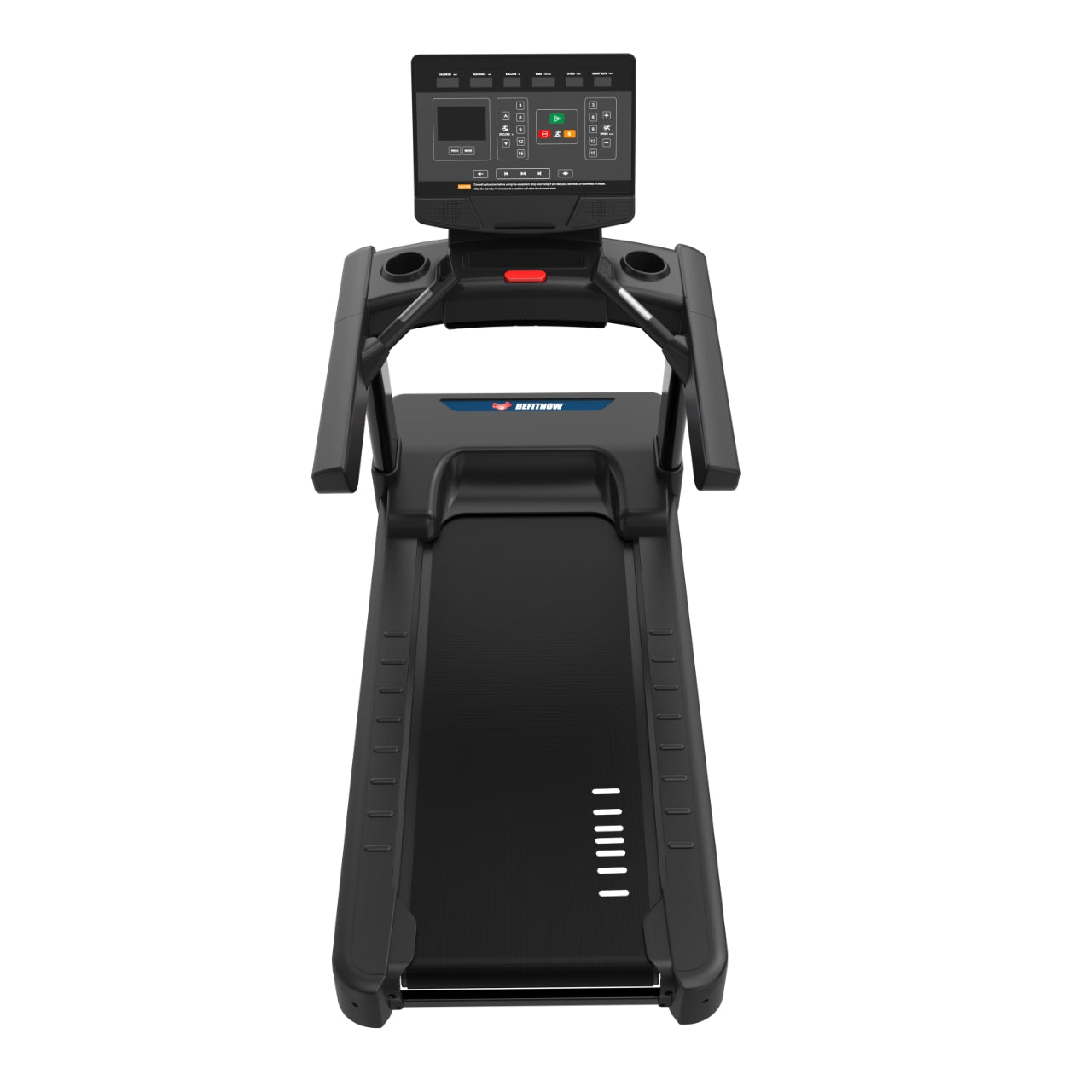 Top view of The NitroStep by BefitNow Canada, a modern black treadmill with a smart display, control buttons, dual cup holders, and an extra-wide running belt.