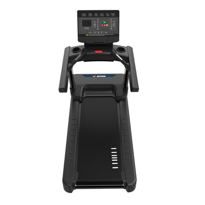 Top view of The NitroStep by BefitNow Canada, a modern black treadmill with a smart display, control buttons, dual cup holders, and an extra-wide running belt.