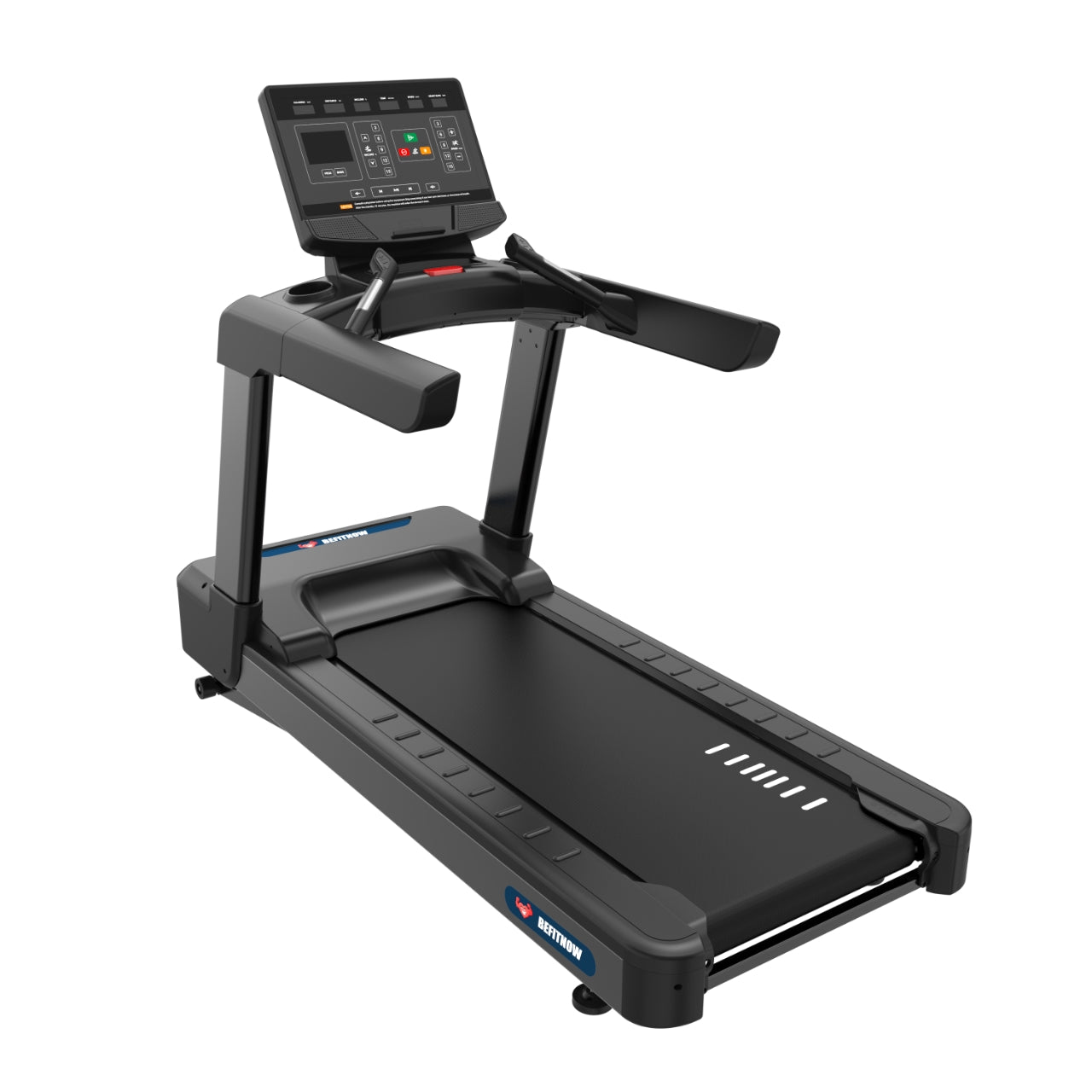 The NitroStep by BefitNow Canada is a black commercial treadmill featuring a digital display, handrails, oversized running belt, and control panel with buttons and screen for speed, time, and more. Shown against a white background.