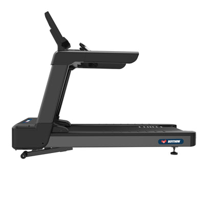 Side view of The NitroStep, a black commercial treadmill by BefitNow Canada, featuring a smart display console, brand logo on the front, and a sturdy running deck. The treadmill is shown against a white background.