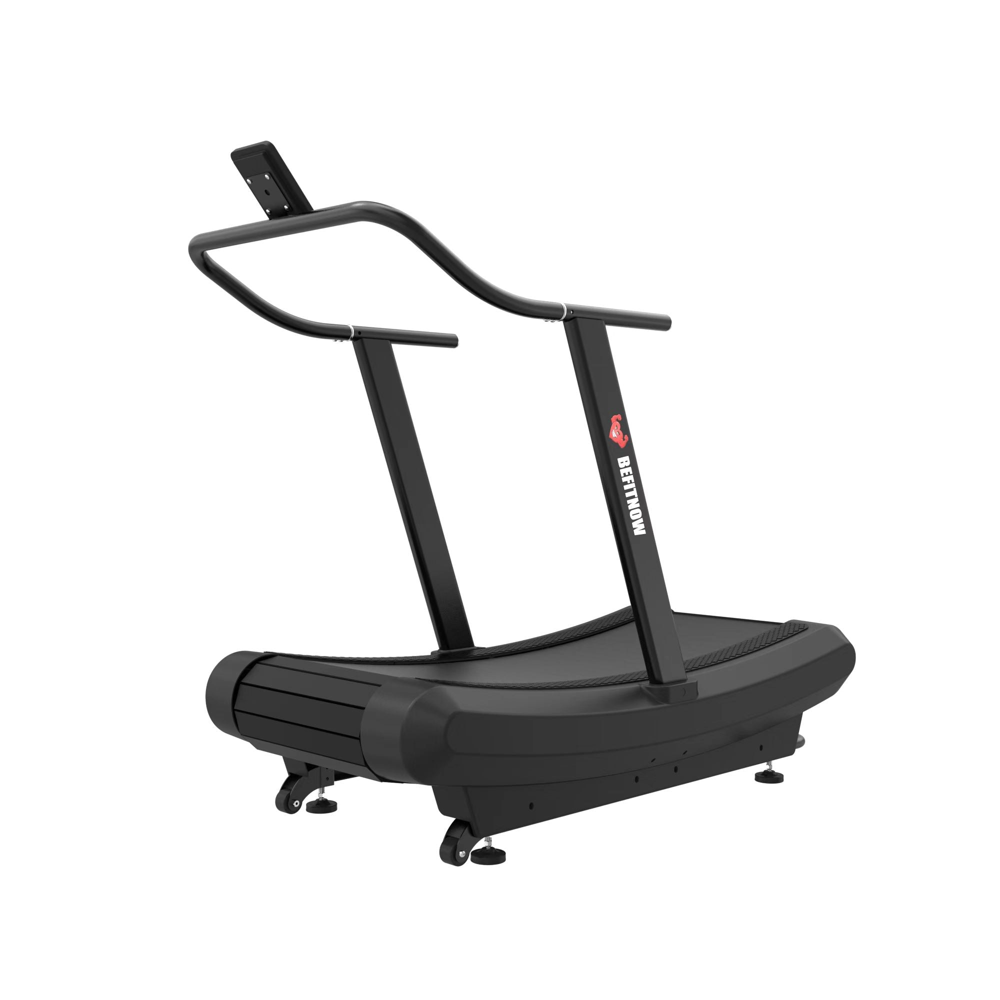 The Curve Reaper by BefitNow Canada is a black, commercial-grade curved treadmill with side rails, display mount, and a non-motorized running belt—built for intense indoor cardio and fitness training. No motor. No mercy. Just you vs. pain.