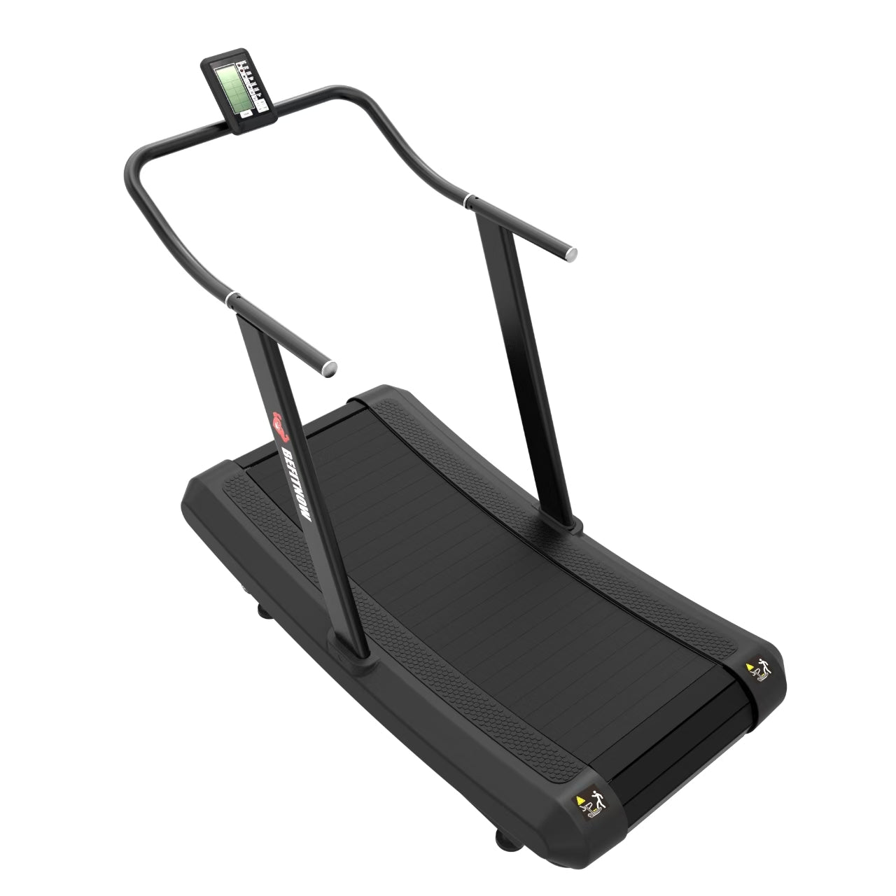 The Curve Reaper by BefitNow Canada is a commercial-grade, non-motorized curved treadmill with side handles and a compact digital display—perfect for intense indoor running or walking workouts.