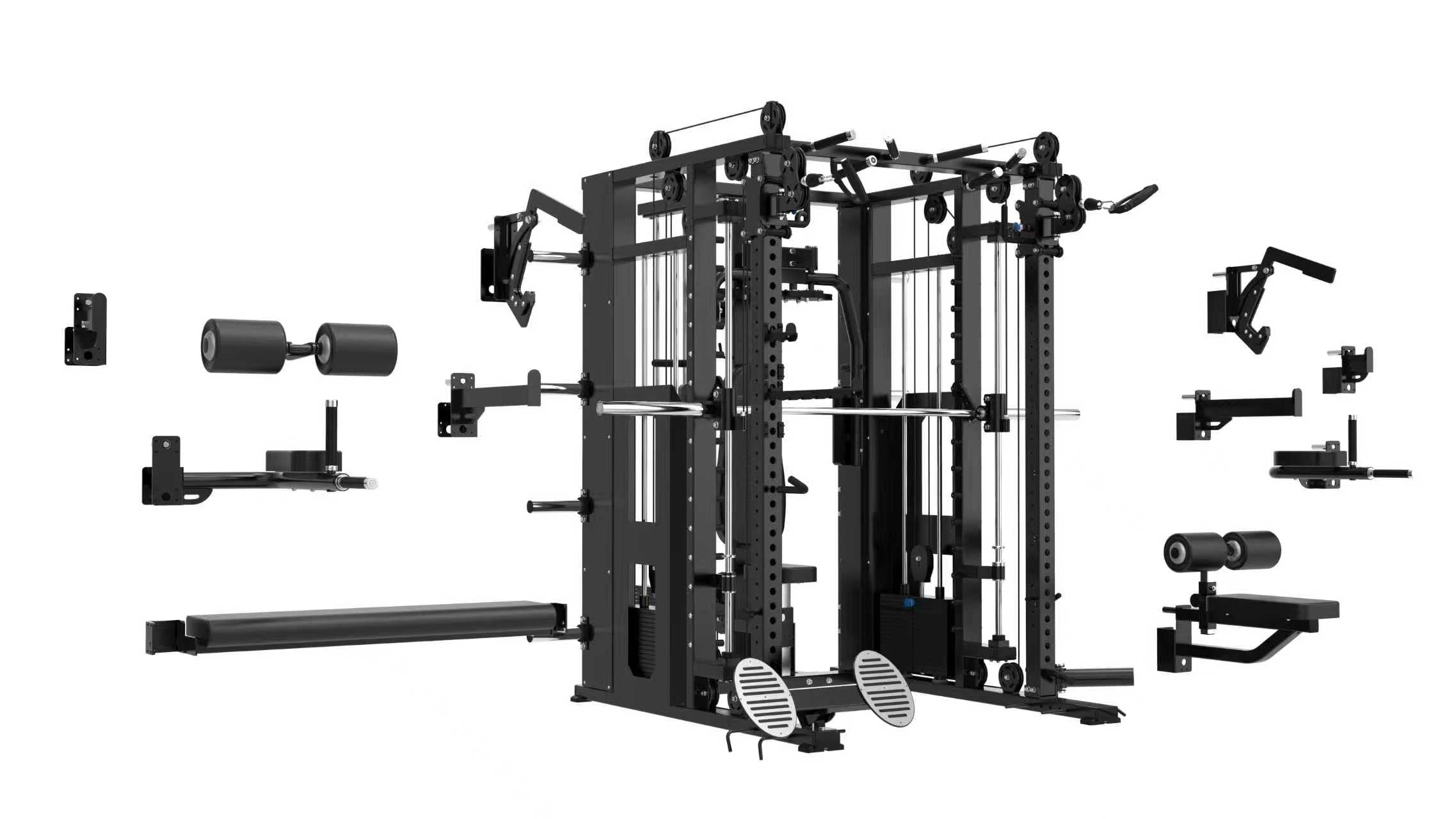 The Professor: The Kahuna on Steroids by BefitNow Canada is an all-in-one home gym with detachable pulleys, bars, bench attachments, and adjustable supports arranged around the main unit, shown on a white background.