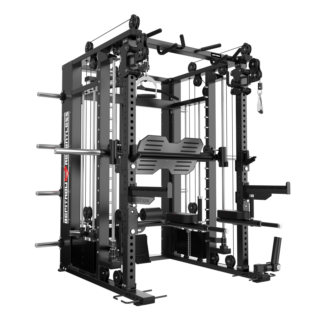 The Relentless Trainer Smith Machine featuring a power rack, integrated cable pulleys, weight plate storage, a lat pulldown station, leg press plate, and pull-up bars.