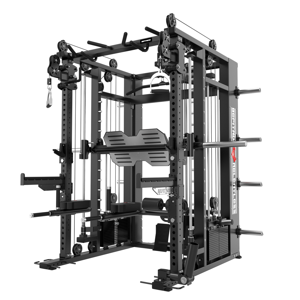 Black BefitNow Canada The Relentless Trainer Smith Machine featuring a smith machine, integrated squat rack, cable pulley system with lat pulldown, and weight plate storage pins.