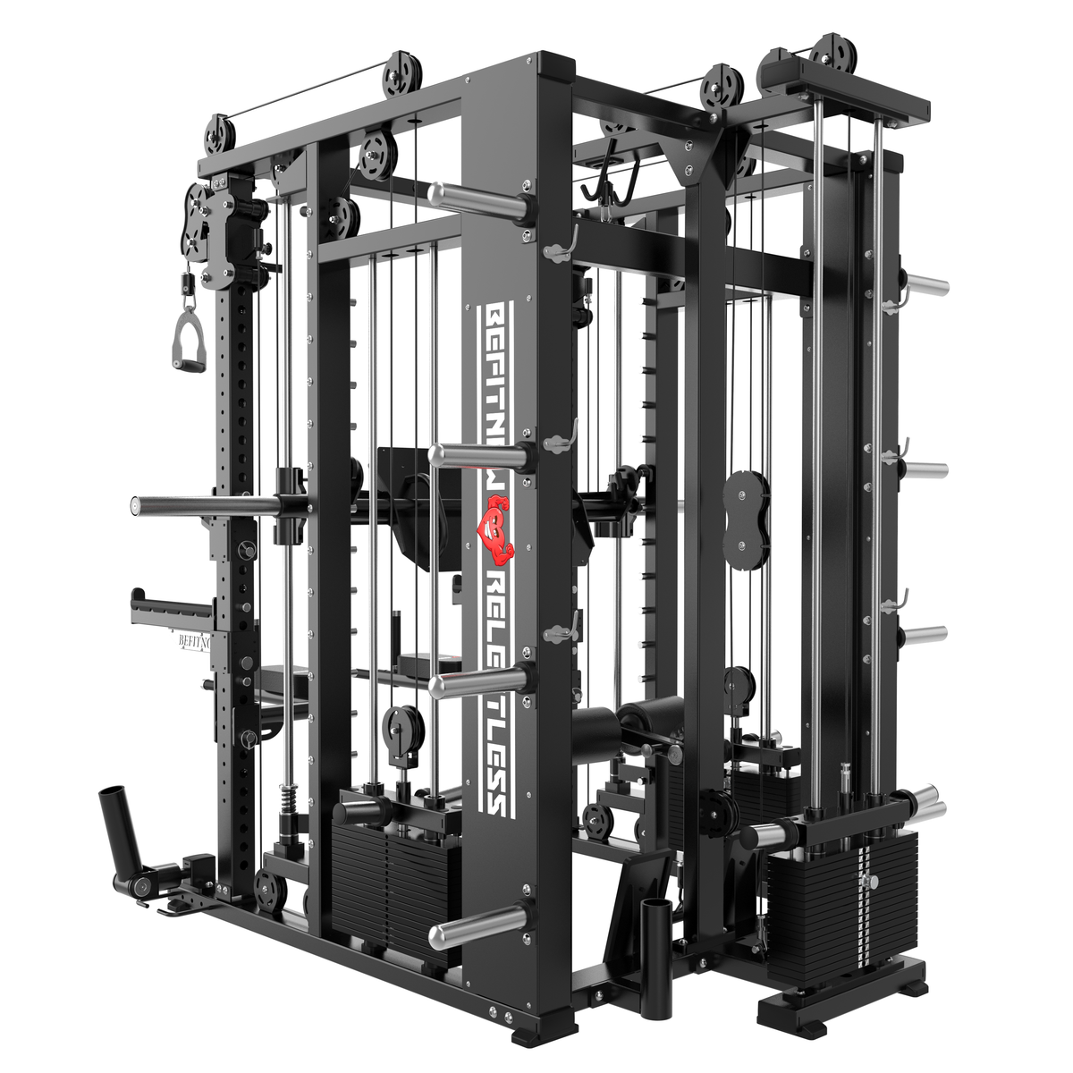 The BefitNow Canada Relentless Trainer Smith Machine is a black multifunctional all-in-one trainer featuring a Smith machine, weight stacks, and cable pulleys for lat pulldowns.