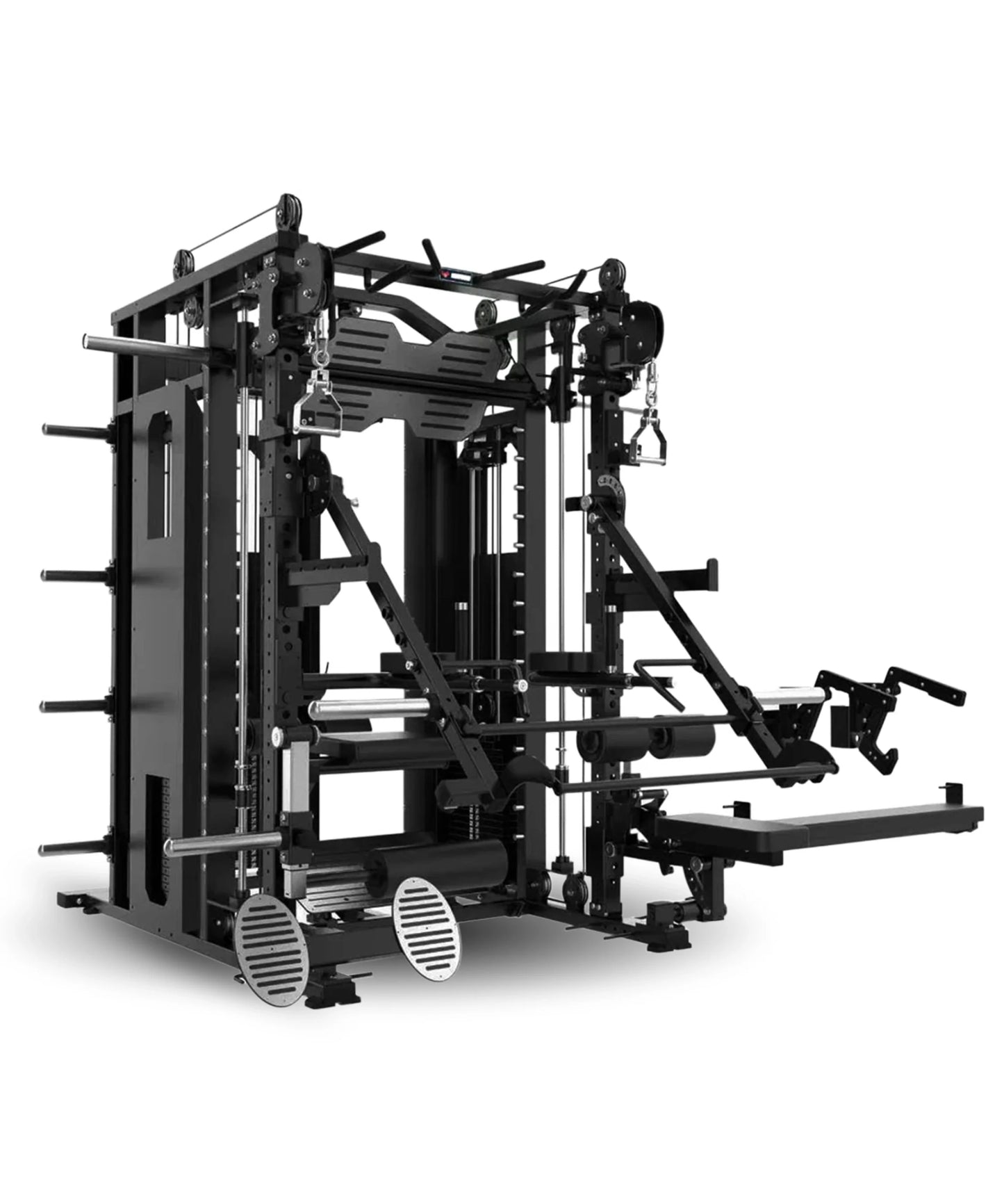 The Professor by BefitNow Canada is a multifunctional black All-In-One Trainer home gym with attachments, cables, pulleys, weight plate holders, dip bars, and adjustable features for versatile strength training and workout routines.