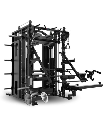 The Professor by BefitNow Canada is a multifunctional black All-In-One Trainer home gym with attachments, cables, pulleys, weight plate holders, dip bars, and adjustable features for versatile strength training and workout routines.