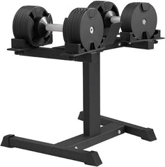 The BefitNow Canada Adjustable Dumbbells 90lbs Pair features round black plates on a sturdy black metal stand, making it perfect for any home gym setup.