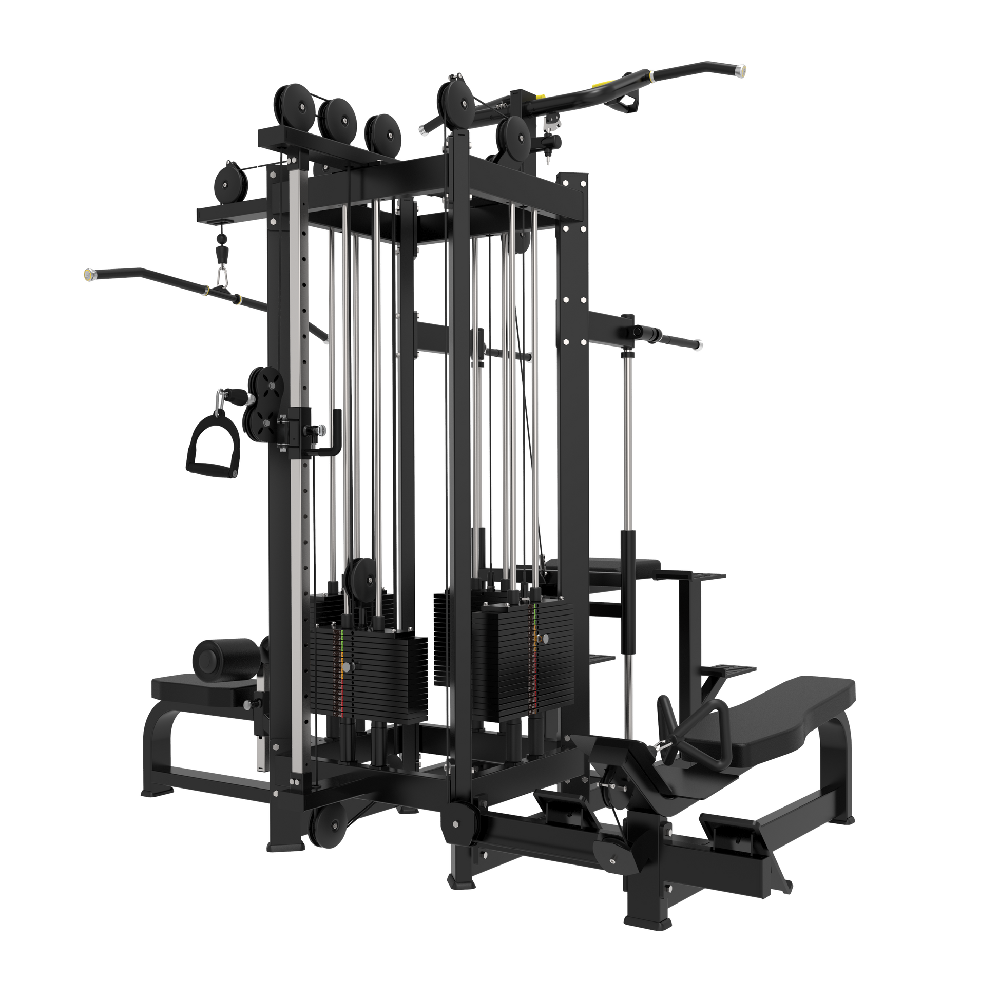The BefitNow Canada AR66 Multi Jungle 4 Station is a heavy-duty gym machine featuring pulleys, weight stacks, handles, bars, and a bench for versatile strength training. Its sleek black design stands out against a plain white background.