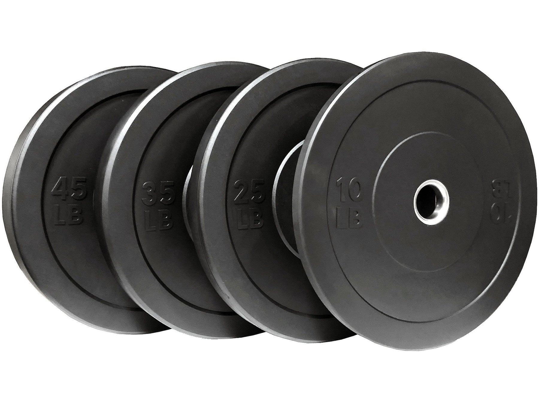 A stack of four BefitNow Canada Bumper Plates is upright, labeled 45 lb, 35 lb, 25 lb, and 10 lb from left to right. Designed for Olympic lifting with a barbell-friendly central hole, they offer enhanced shock absorption with every lift.