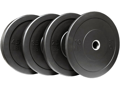 A stack of four BefitNow Canada Bumper Plates is upright, labeled 45 lb, 35 lb, 25 lb, and 10 lb from left to right. Designed for Olympic lifting with a barbell-friendly central hole, they offer enhanced shock absorption with every lift.