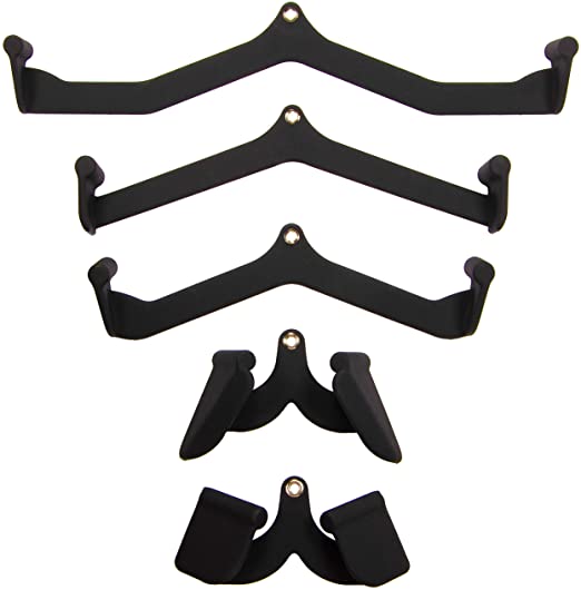 Five BefitNow Canada Urethane 5pc Attachment Sets, in black with visible metal screws, are vertically arranged like gym cable machine attachments. Each piece is curved to hold a guitar securely.