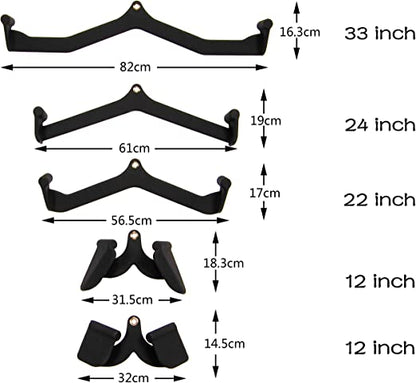 The Urethane 5pc Attachment Set by BefitNow Canada features five sleek black wall mount brackets in sizes: 33 inches (84 cm), 24 inches (61 cm), 22 inches (56 cm), and two at 12 inches (30 cm). Ideal for organizing your home gym and perfect attachments for cable machines.