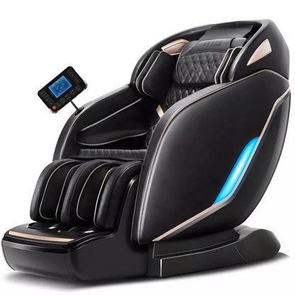 The futuristic SL Full Body Commercial Massage Chair by BefitNow Canada combines quilted padding, armrests, and footrests with a precision 4D massage. It features a digital control panel on an arm like a tablet and is enhanced by a blue LED light strip along the side.