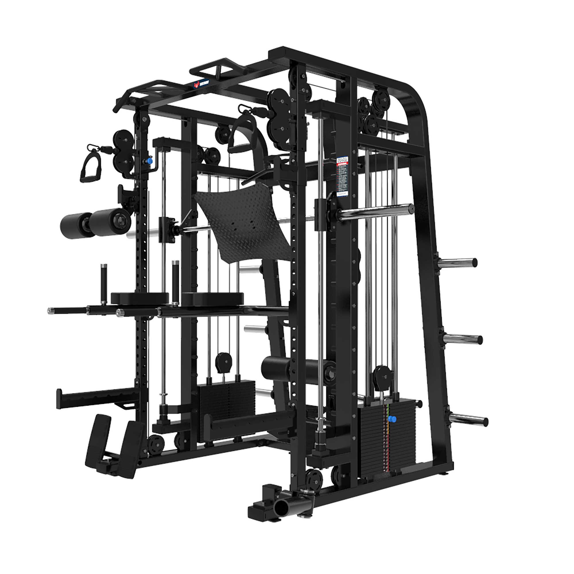 Introducing the Mr. Monster Commercial Smith Machine by BefitNow Canada—a multifunctional home gym station featuring pulleys, weight stacks, a bench, and resistance bands. Its durable black metal frame is tailored for strength training and fitness workouts in your home.