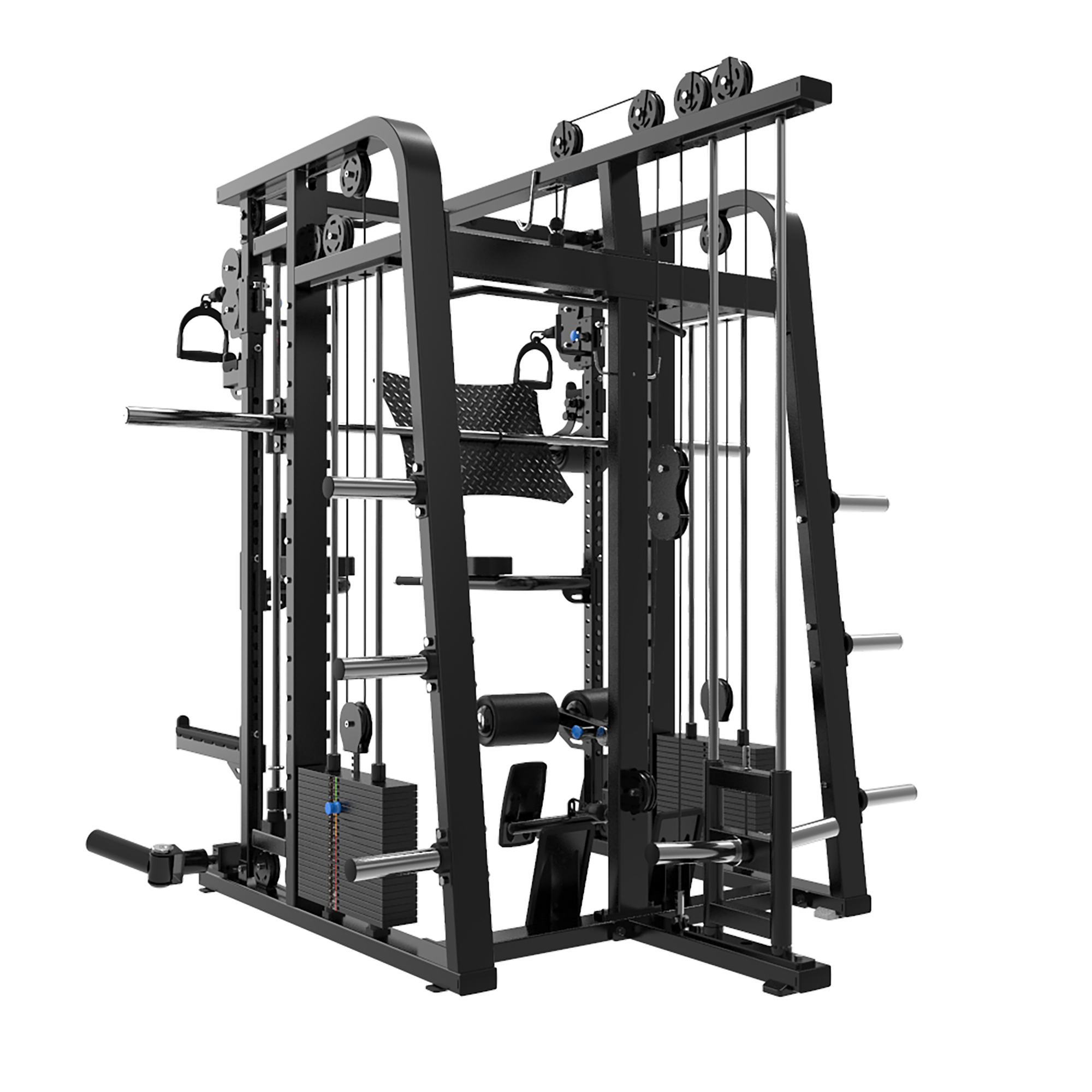 Introducing the Mr. Monster Commercial Smith Machine by BefitNow Canada, a multifunctional gym powerhouse with weight stacks, pulleys, and handles for versatility. Ideal for a home gym, its perfect for pull-downs, presses, and leg curls in a sleek black and gray design.