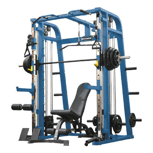 The BefitNow Canada Heavy Duty Smith Machine, in blue, offers a multi-functional home gym with a smith machine bar, pulleys, and plate storage pegs. It includes weights, a bench, and various attachments, making it perfect for all strength training exercises.