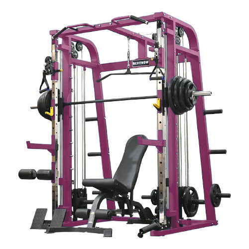 The BefitNow Canada Heavy Duty Smith Machine in purple is a multi-function home gym system. It includes a bench, weight plates, barbell, adjustable pulleys, and various attachments for strength training and full-body workouts.