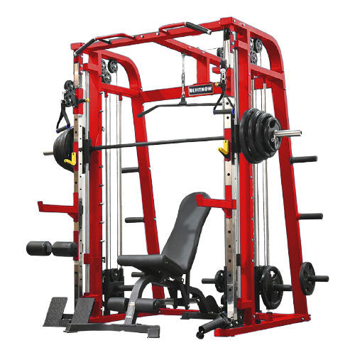 The BefitNow Canada Heavy Duty Smith Machine is a red, multi-function system for home gyms, complete with bench, weight plates, and bars. It supports exercises like bench presses, squats, and cable workouts using its robust frame and versatile attachments for comprehensive fitness routines.