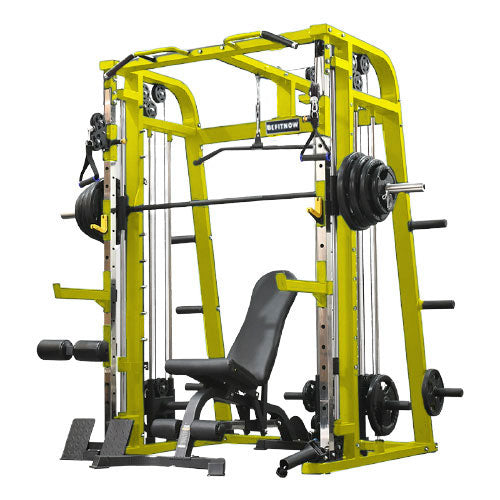 The Heavy Duty Smith Machine by BefitNow Canada is a yellow multi-function unit featuring a weight bench, barbell, and weights. Its adjustable components allow for diverse strength training exercises, making it perfect for any home gym.
