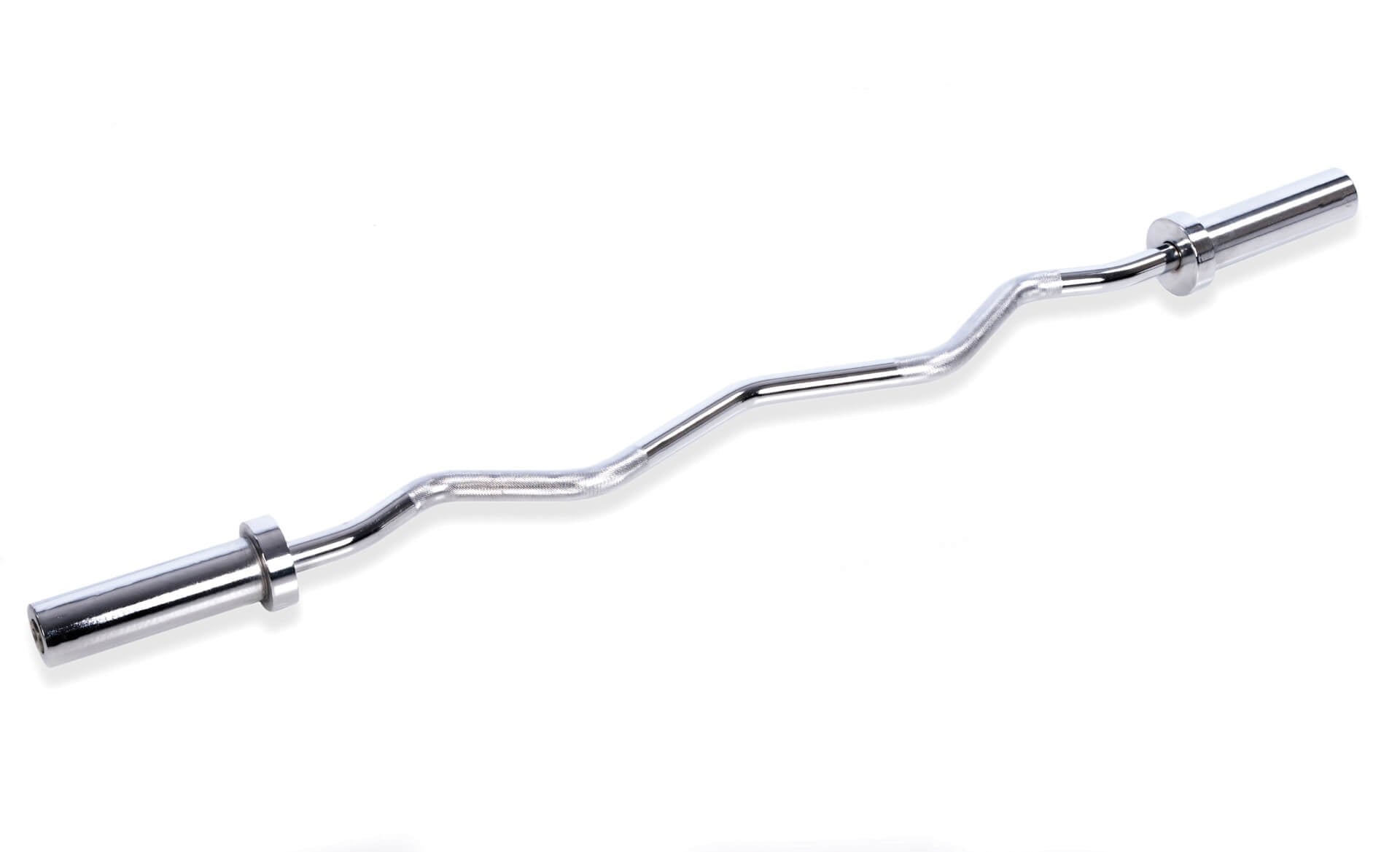 A silver Ez Curl Barbell by BefitNow Canada rests on a white background, designed for weightlifting and upper arm targeting. Its wavy design features bends that enhance grip comfort during strength training.