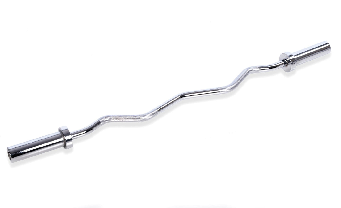 A silver Ez Curl Barbell by BefitNow Canada rests on a white background, designed for weightlifting and upper arm targeting. Its wavy design features bends that enhance grip comfort during strength training.