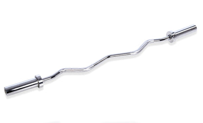 A silver Ez Curl Barbell by BefitNow Canada rests on a white background, designed for weightlifting and upper arm targeting. Its wavy design features bends that enhance grip comfort during strength training.