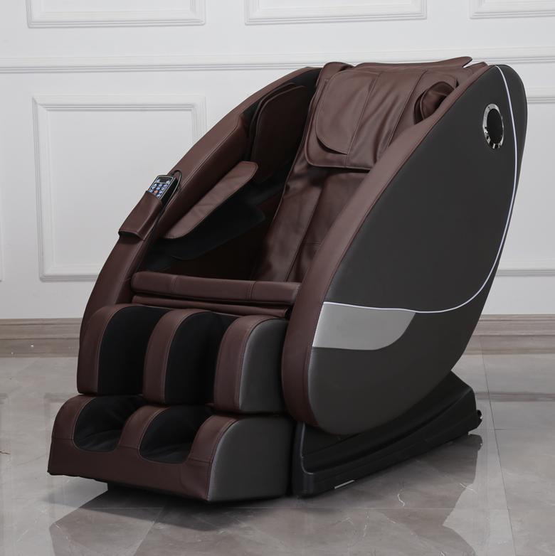 Experience elegance with BefitNows Luxurious Zero Gravity Massage Chair, featuring a sleek brown and black design, cushioned armrests and footrests. Perfect for any light-colored room with paneled walls, it adds a touch of luxury to your space.