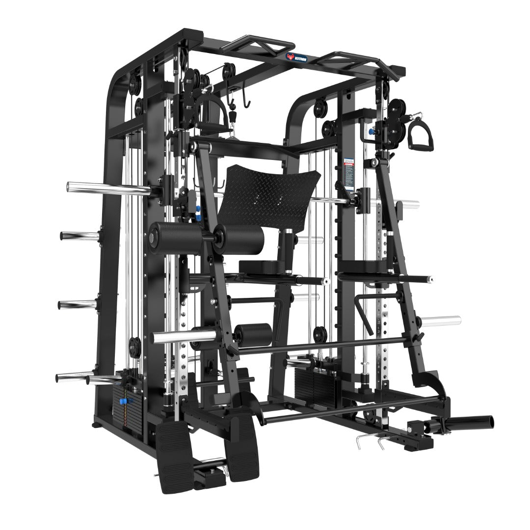 The BefitNow Canada Mr. Monster Commercial Smith Machine is a versatile home gym unit featuring pulleys, cables, and various attachments, enabling exercises like squats, bench presses, and pull-ups with its sturdy metallic frame and adjustable black padding components.