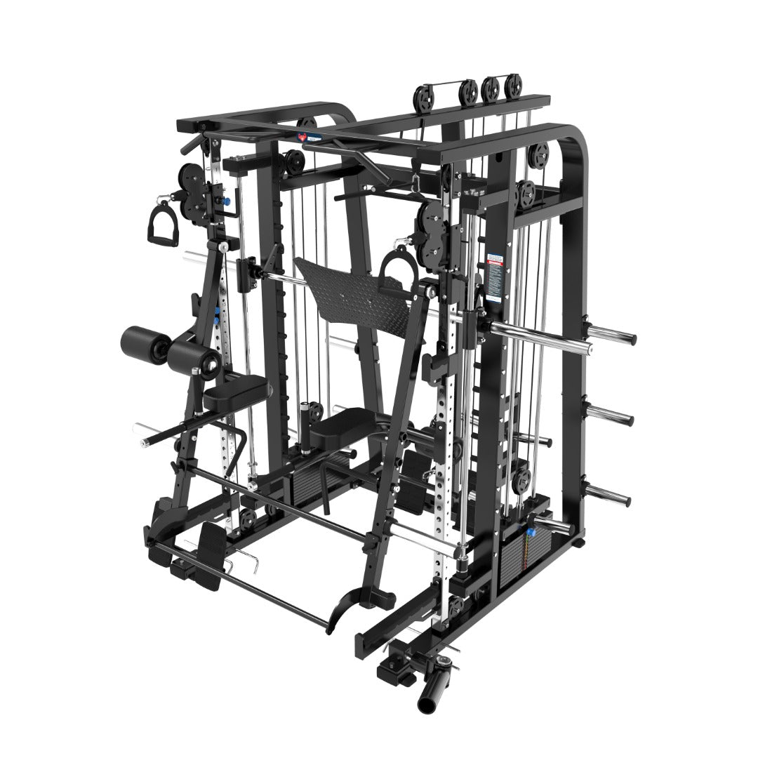 Introducing the Mr. Monster Commercial Smith Machine by BefitNow Canada, a multifunctional gym unit with pulleys, weights, bars, and handles. Its sleek black design and adjustable parts make it ideal for both home gyms and commercial setups.