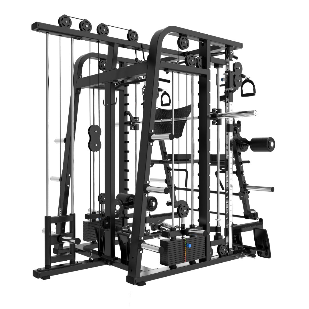 Discover the Mr. Monster Commercial Smith Machine by BefitNow Canada, a sleek black multi-station marvel for home gyms. Equipped with weights, cables, pulleys, and attachments, its perfect for strength training with exercises like pull-ups and leg workouts using handles and weight stacks.