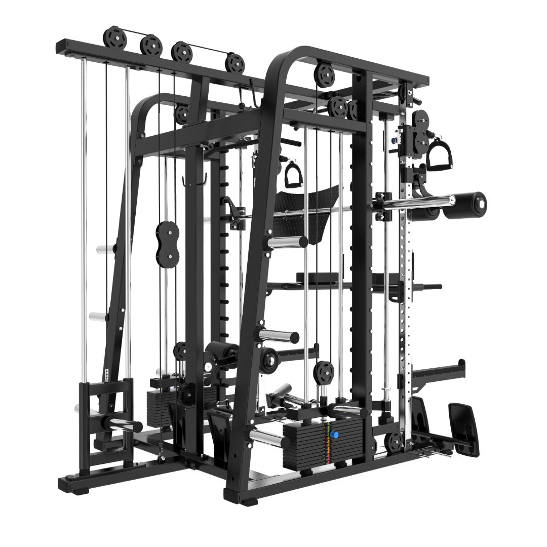 Introducing the Mr. Monster Commercial Smith Machine by BefitNow Canada: a versatile black gym machine with cable pulleys, weight stacks, adjustable arms, and various attachments—ideal for any home gym strength training routine.