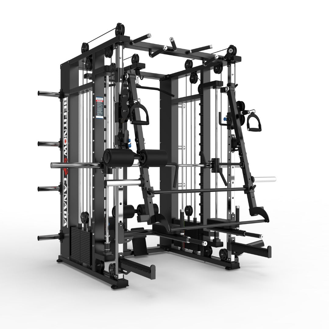 The Relentless Trainer Smith Machine by BefitNow Canada is a black and silver strength training system with adjustable cables, pull-up bars, and weight racks, designed for various commercial-strength exercises.