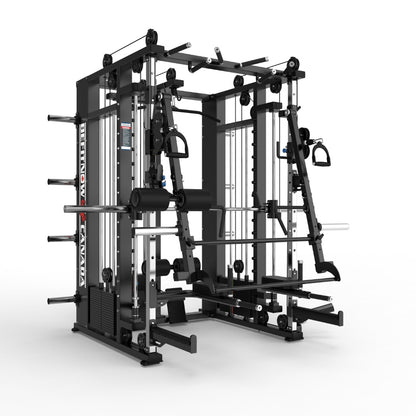 The Relentless Trainer Smith Machine by BefitNow Canada is a black and silver strength training system with adjustable cables, pull-up bars, and weight racks, designed for various commercial-strength exercises.
