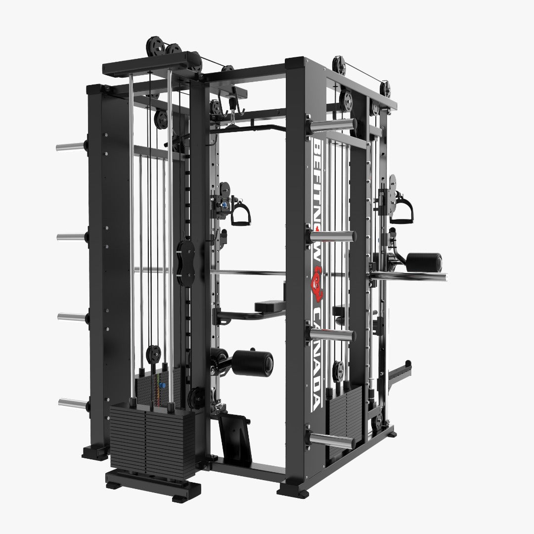 The Relentless Trainer Smith Machine by BefitNow Canada offers a versatile strength training system with pulleys, cables, and attachments for comprehensive workouts. Its sleek black and gray design features weight stacks, bars, and handles to efficiently target multiple muscle groups.