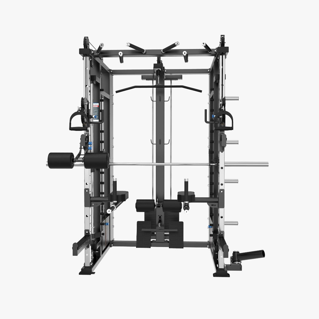 The Relentless Trainer Smith Machine by BefitNow Canada is a versatile home gym system, featuring a sleek black and silver design. It functions as both a power rack with pull-up bars and weight holders, and a comprehensive Strength Training System for various exercises.