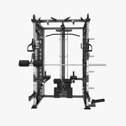 The Relentless Trainer Smith Machine by BefitNow Canada is a versatile home gym system, featuring a sleek black and silver design. It functions as both a power rack with pull-up bars and weight holders, and a comprehensive Strength Training System for various exercises.